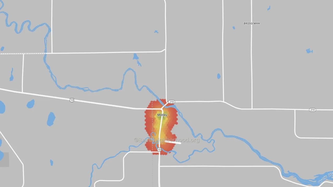 Walk Grade map of 56466, MN, walkable areas in green and car-dependent areas in red