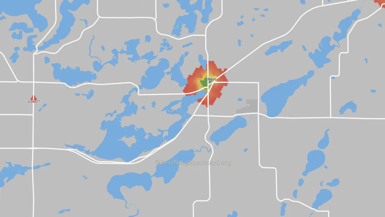 Walk Grade map of 56467, MN, walkable areas in green and car-dependent areas in red