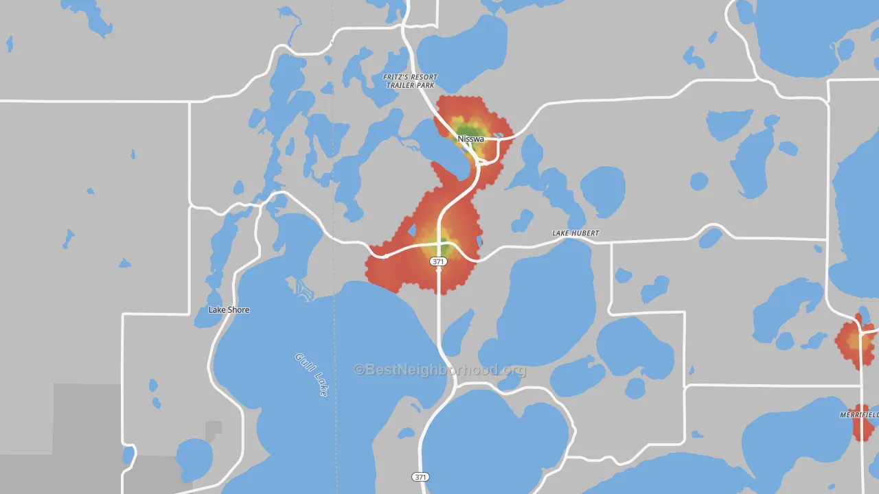 Walk Grade map of 56468, MN, walkable areas in green and car-dependent areas in red