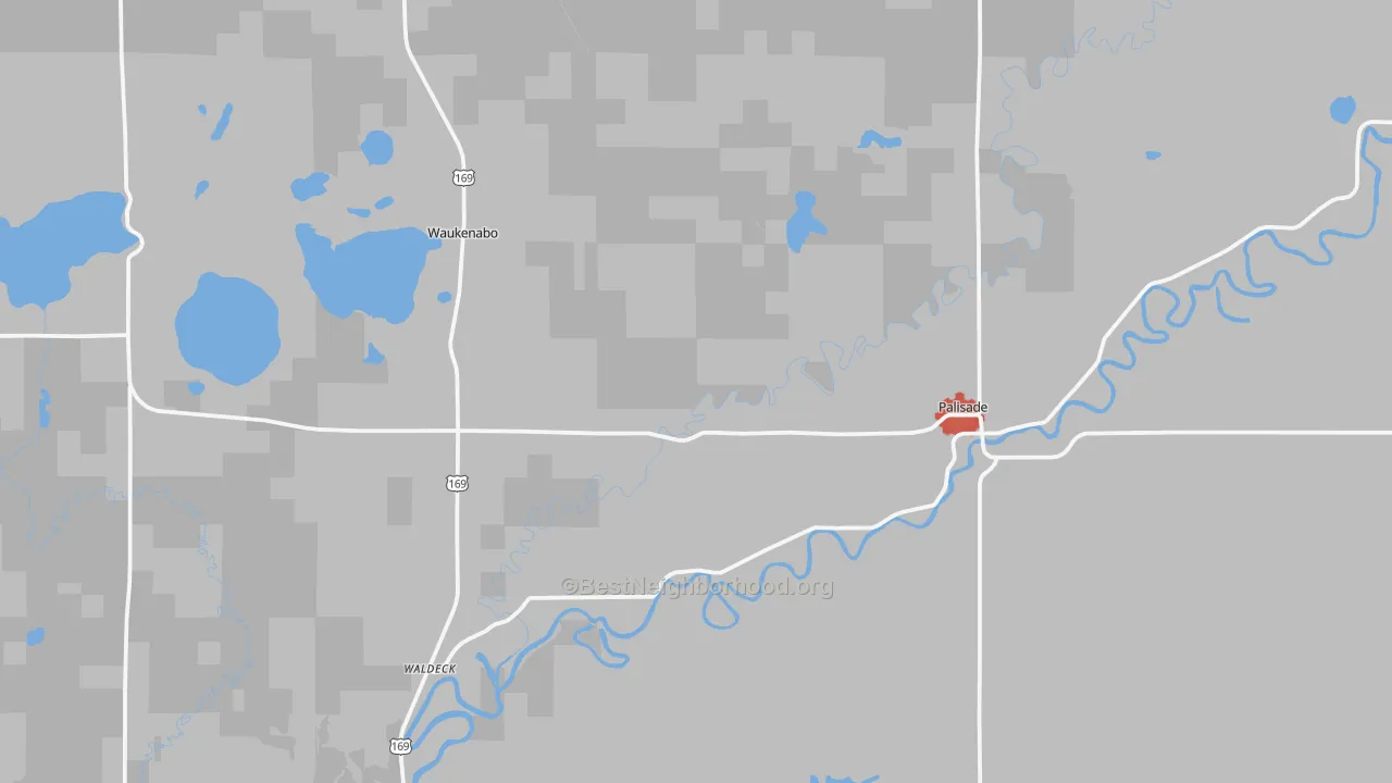 Walk Grade map of 56469, MN, walkable areas in green and car-dependent areas in red