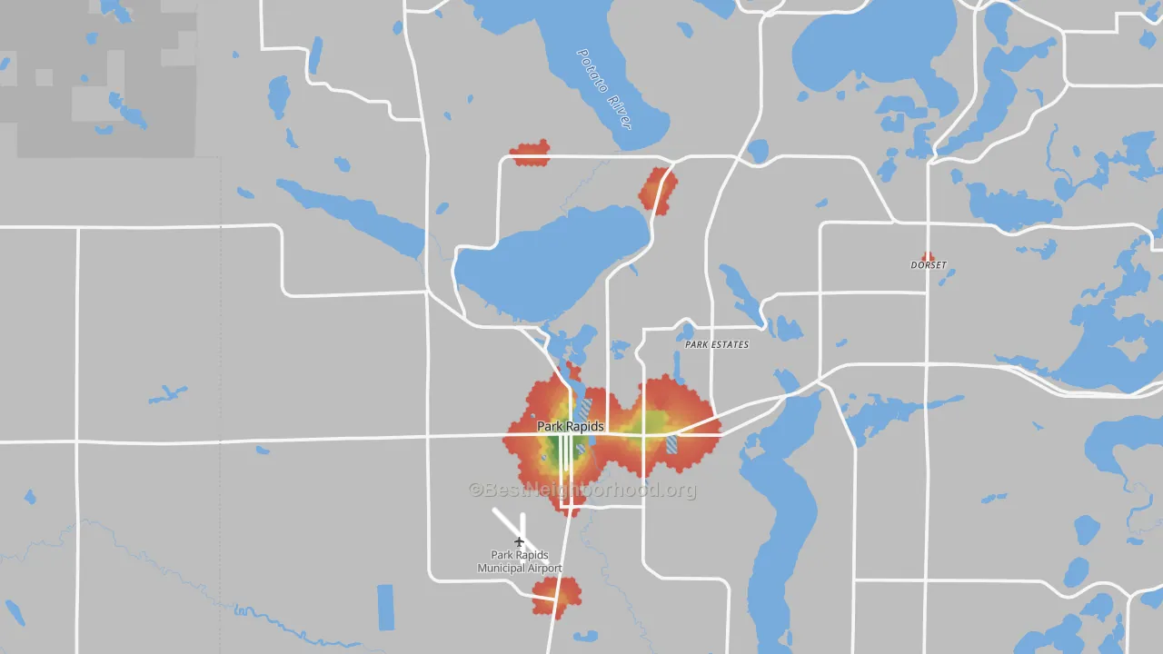 Walk Grade map of 56470, MN, walkable areas in green and car-dependent areas in red
