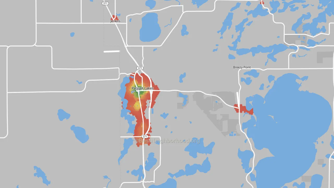 Walk Grade map of 56472, MN, walkable areas in green and car-dependent areas in red