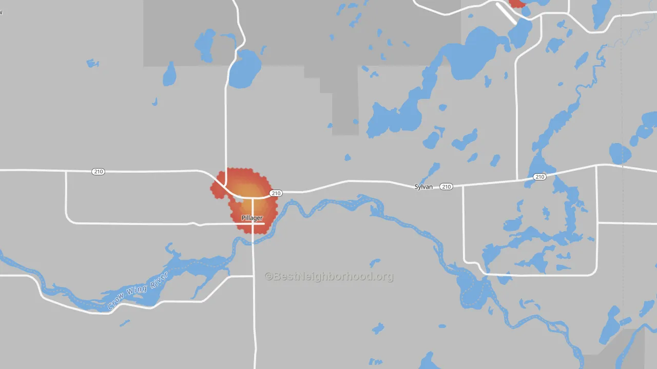 Walk Grade map of 56473, MN, walkable areas in green and car-dependent areas in red