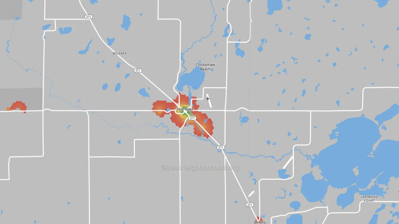 Walk Grade map of 56474, MN, walkable areas in green and car-dependent areas in red