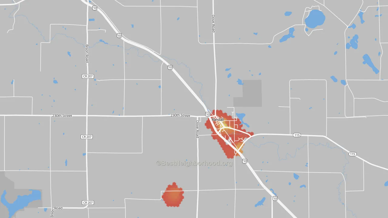 Walk Grade map of 56475, MN, walkable areas in green and car-dependent areas in red