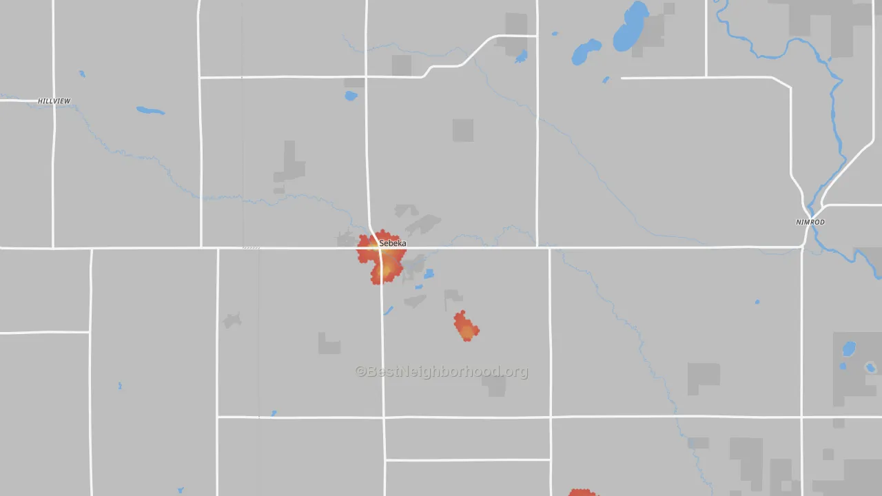 Walk Grade map of 56477, MN, walkable areas in green and car-dependent areas in red