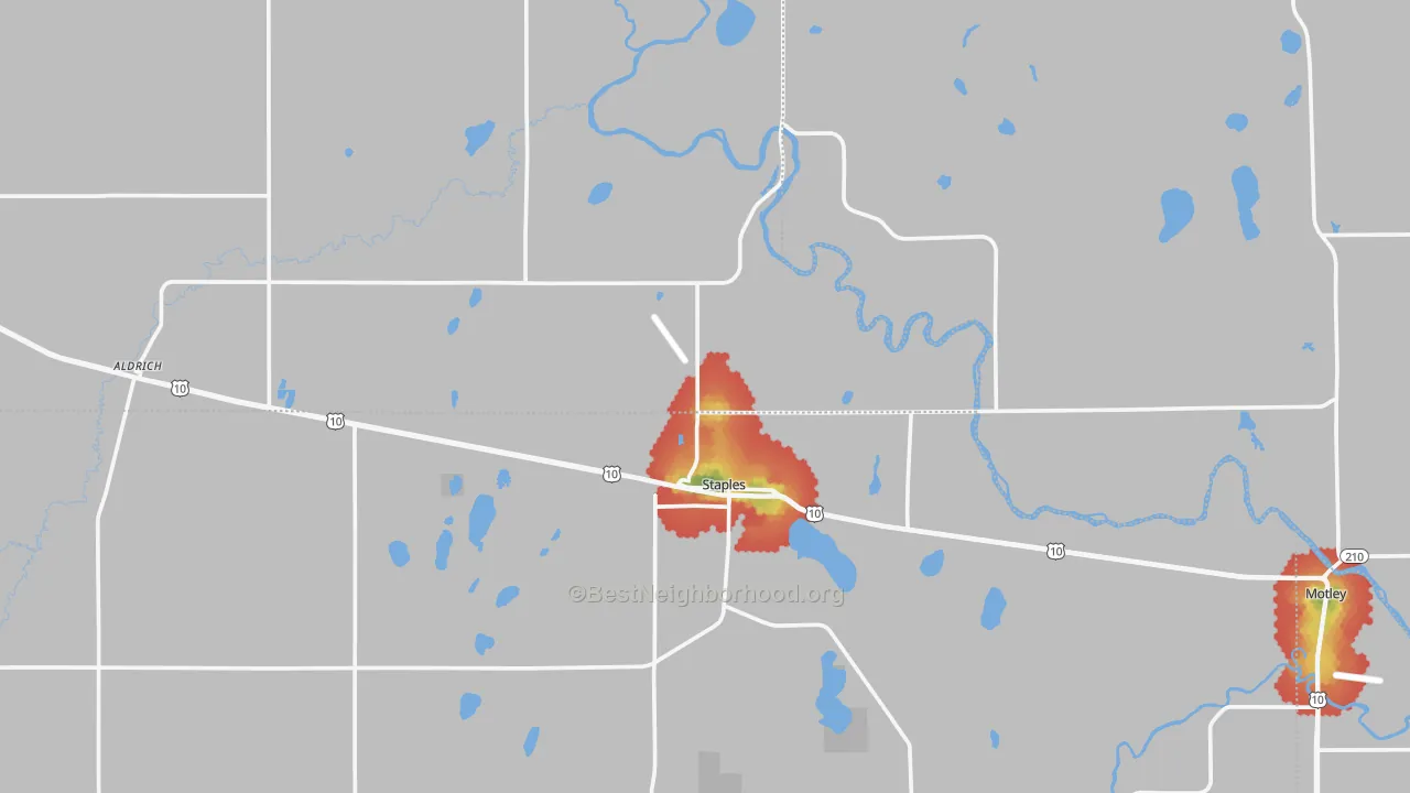 Walk Grade map of 56479, MN, walkable areas in green and car-dependent areas in red