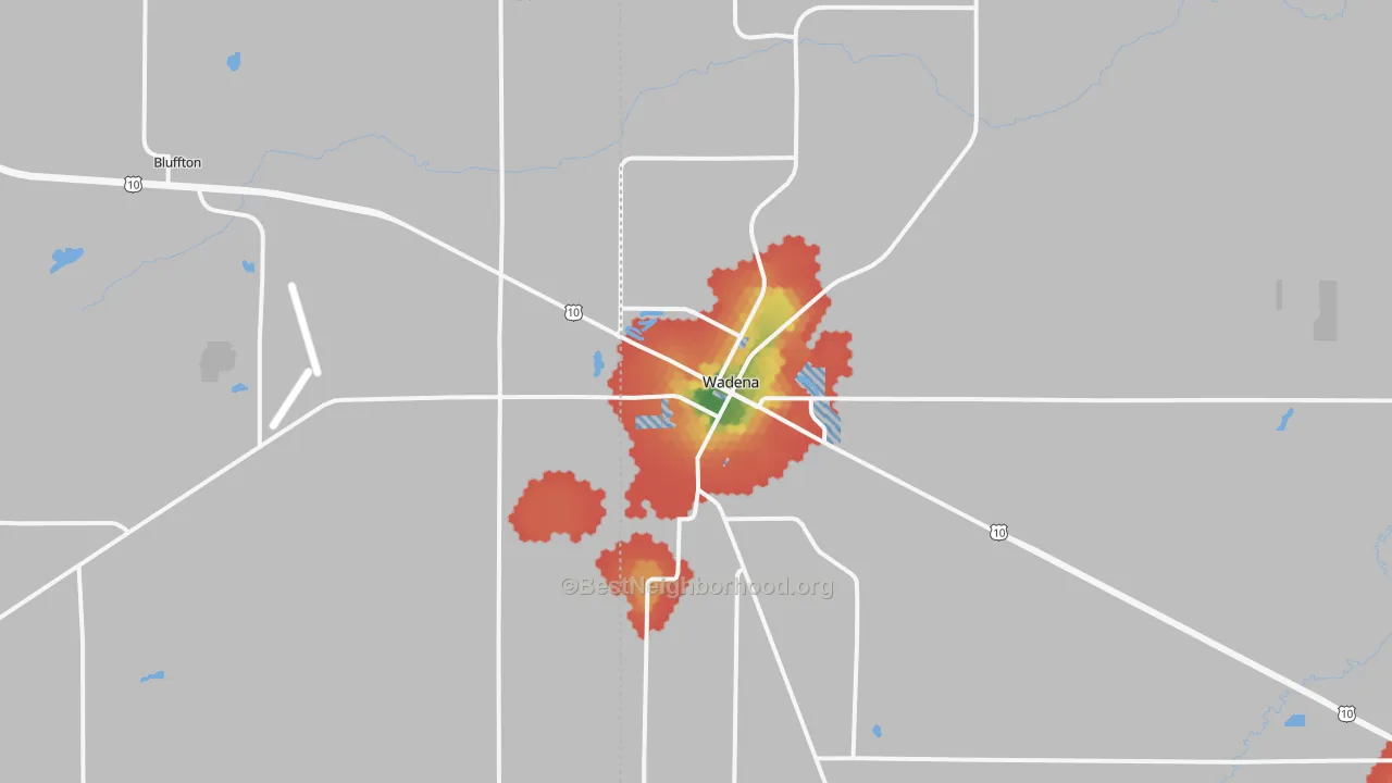 Walk Grade map of 56482, MN, walkable areas in green and car-dependent areas in red