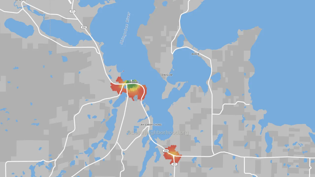 Walk Grade map of 56484, MN, walkable areas in green and car-dependent areas in red