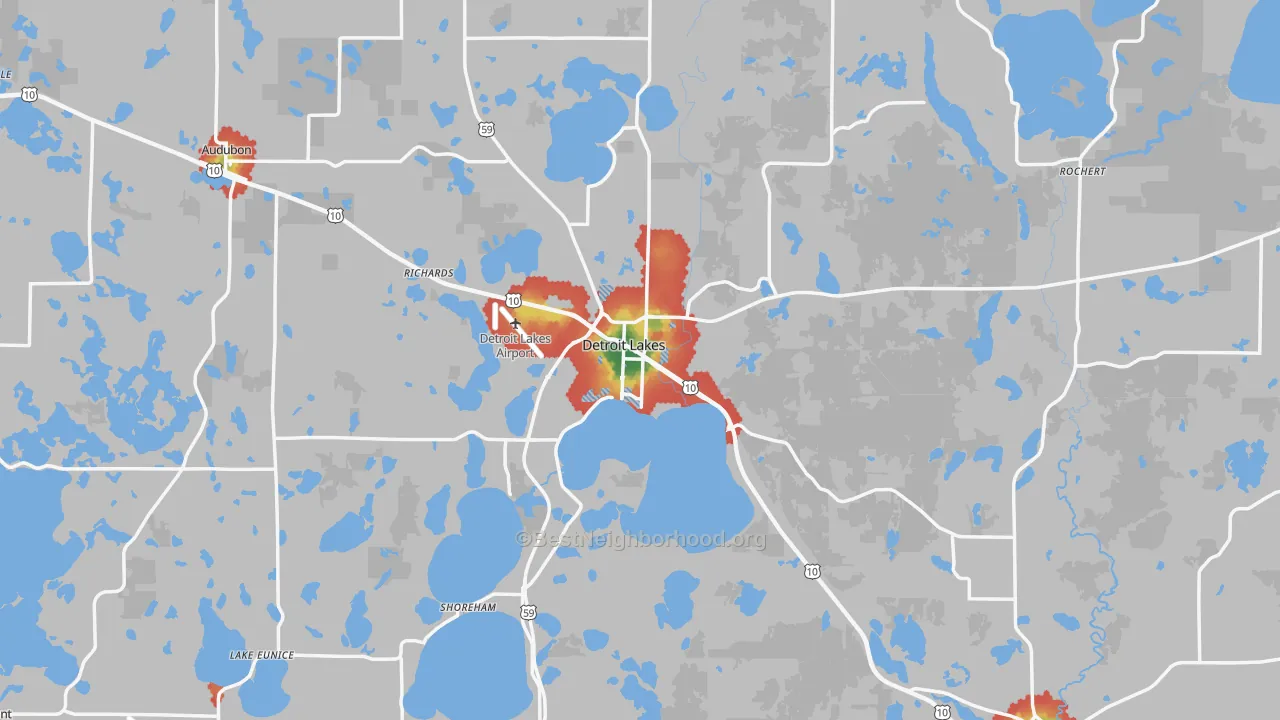 Walk Grade map of 56501, MN, walkable areas in green and car-dependent areas in red