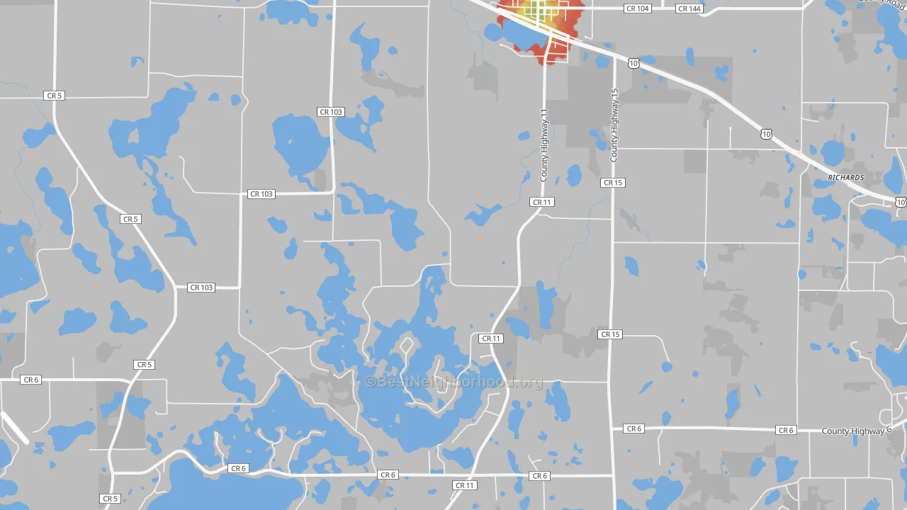 Walk Grade map of 56511, MN, walkable areas in green and car-dependent areas in red