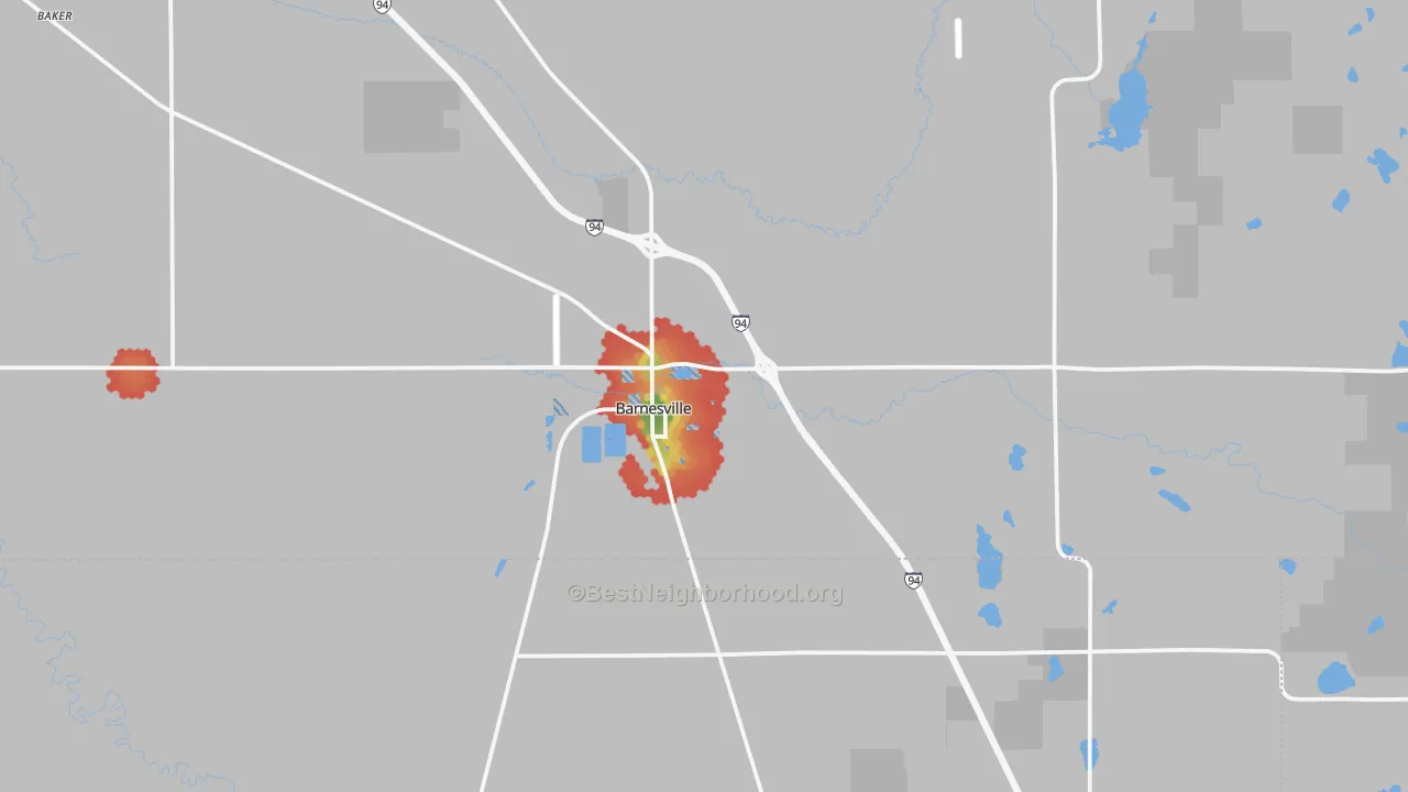 Walk Grade map of 56514, MN, walkable areas in green and car-dependent areas in red