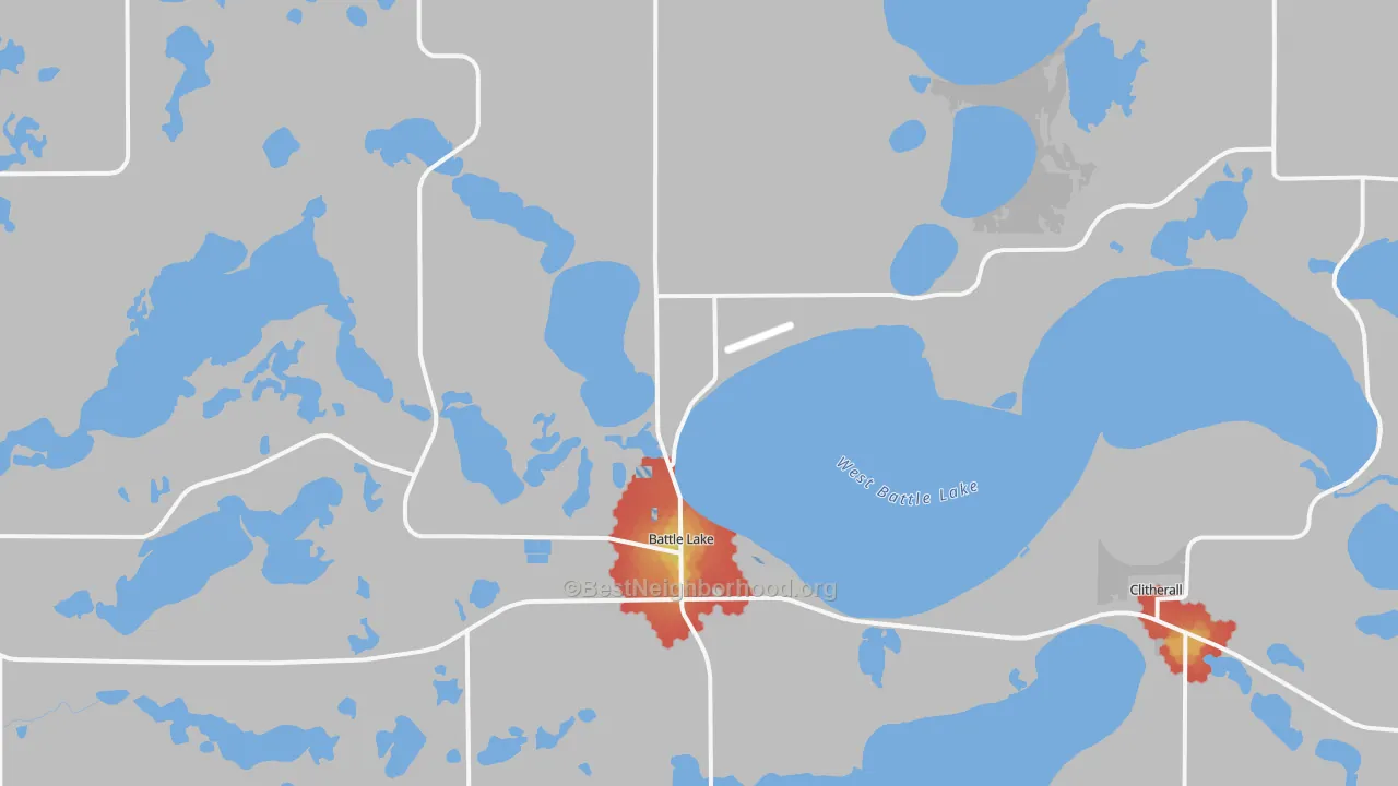 Walk Grade map of 56515, MN, walkable areas in green and car-dependent areas in red