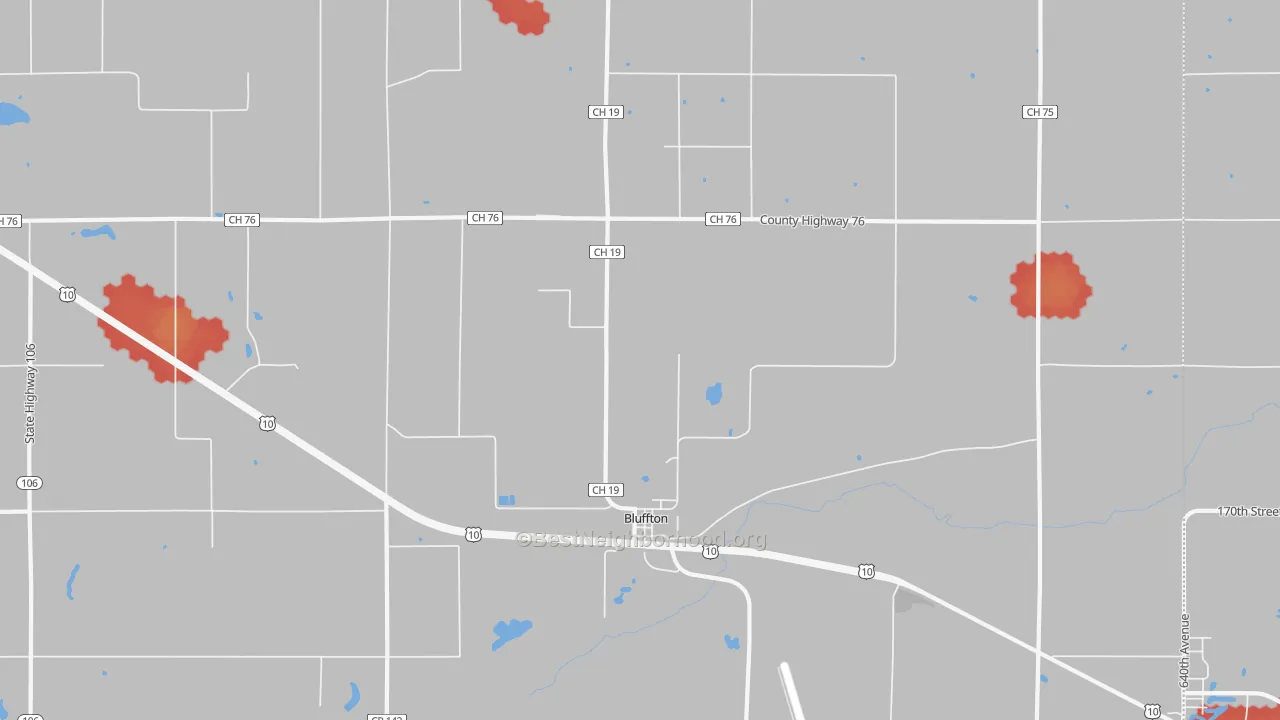 Walk Grade map of 56518, MN, walkable areas in green and car-dependent areas in red