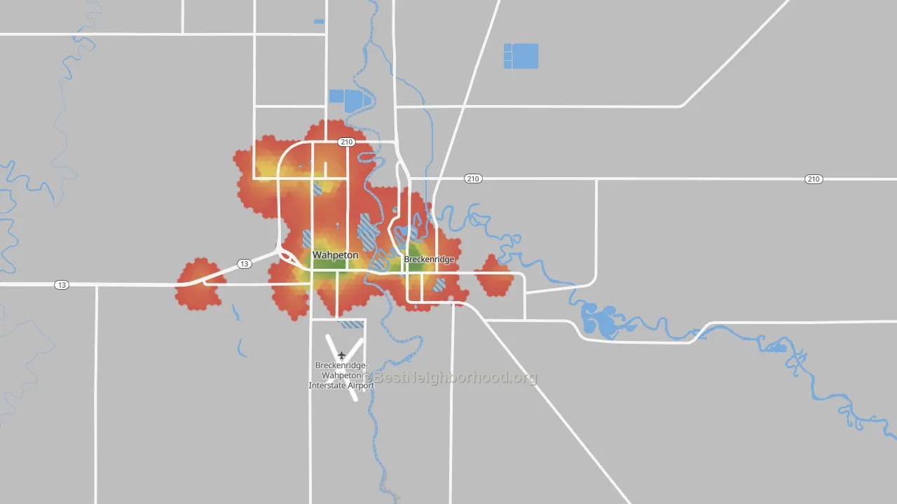 Walk Grade map of 56520, MN, walkable areas in green and car-dependent areas in red