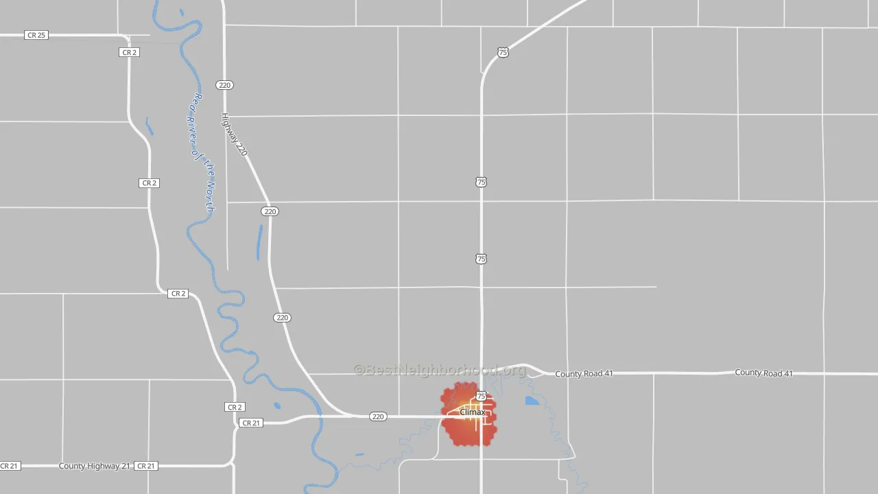 Walk Grade map of 56523, MN, walkable areas in green and car-dependent areas in red