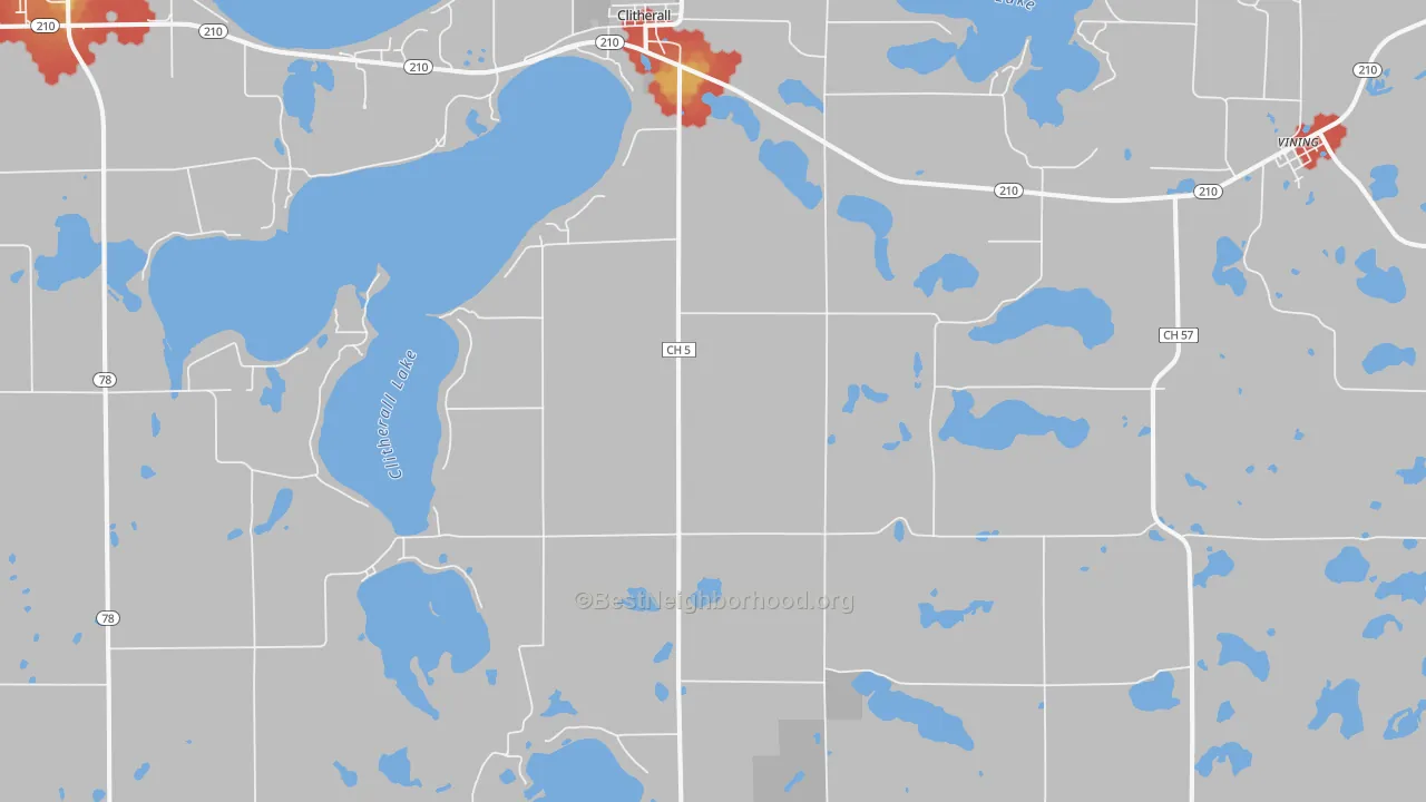 Walk Grade map of 56524, MN, walkable areas in green and car-dependent areas in red