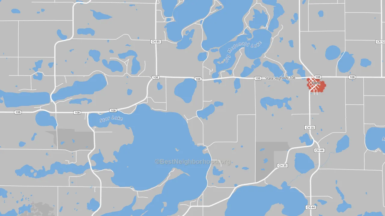 Walk Grade map of 56528, MN, walkable areas in green and car-dependent areas in red
