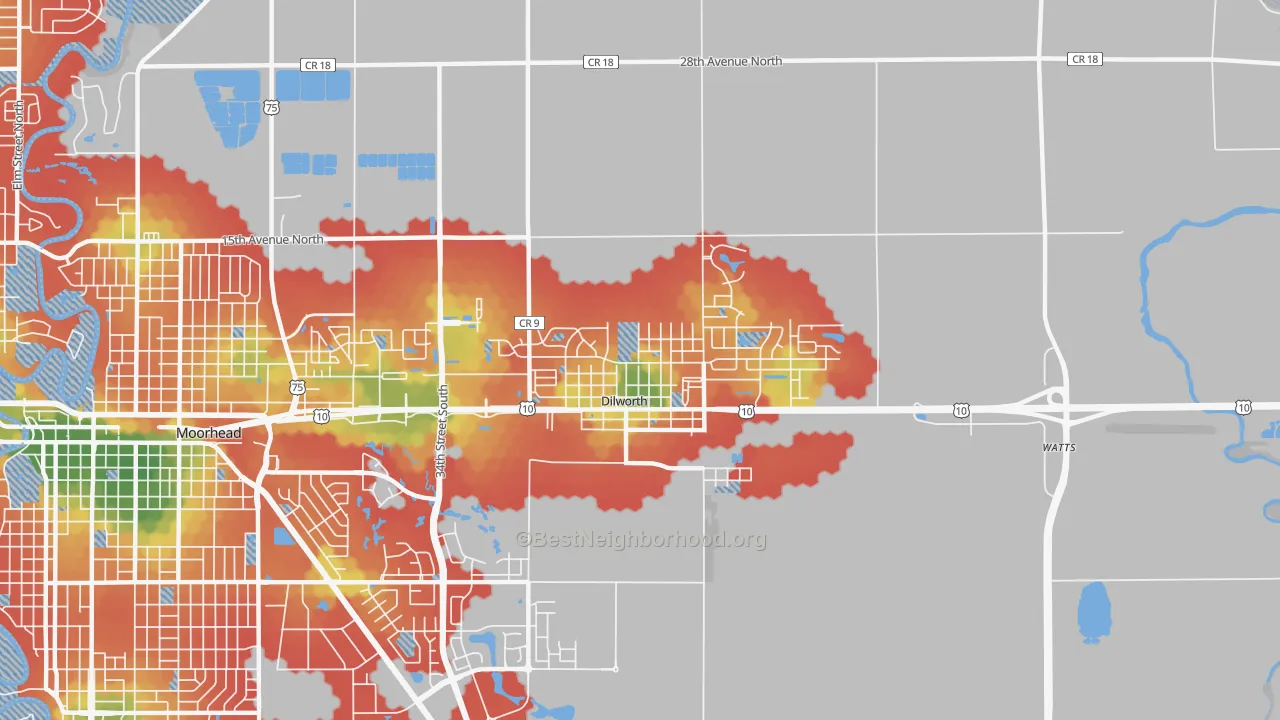 Walk Grade map of 56529, MN, walkable areas in green and car-dependent areas in red