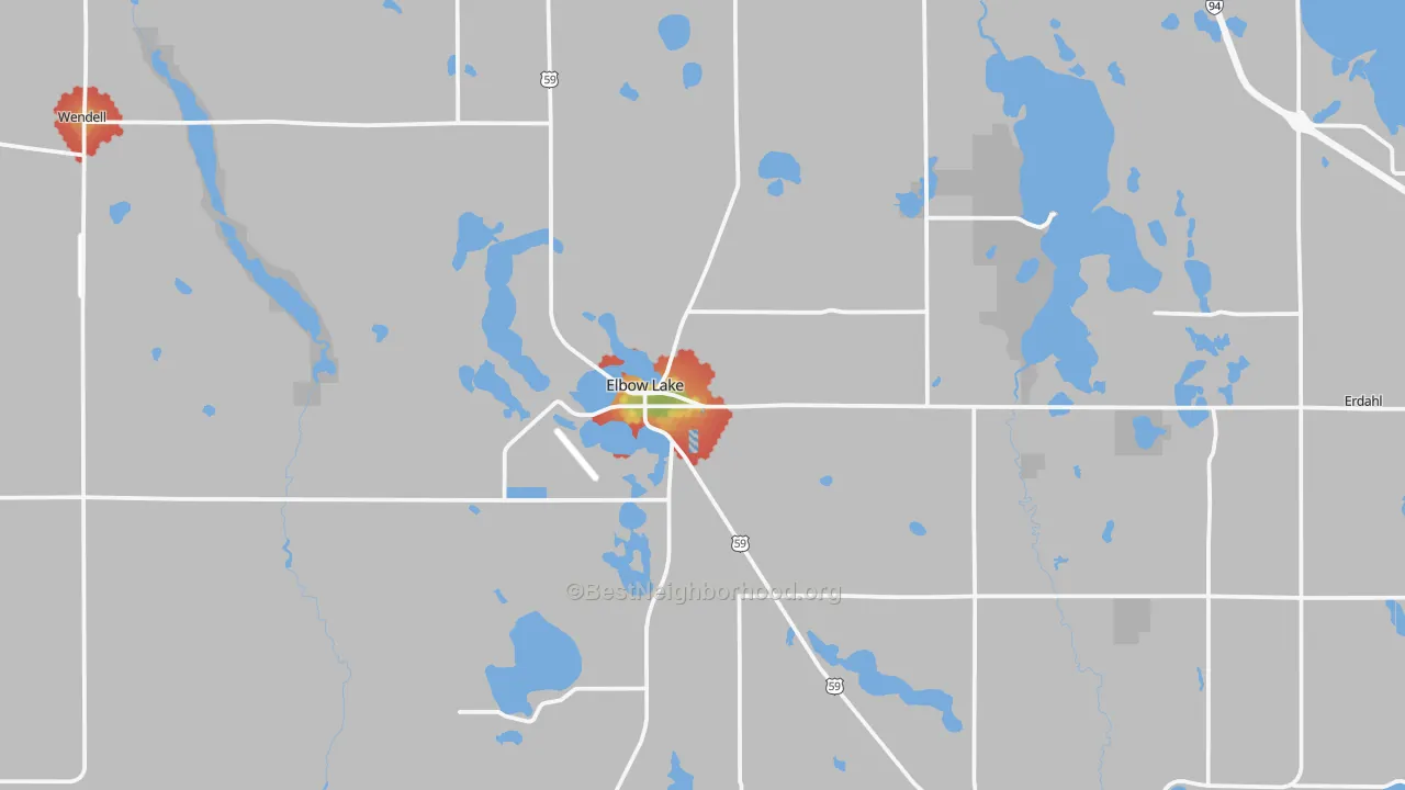 Walk Grade map of 56531, MN, walkable areas in green and car-dependent areas in red