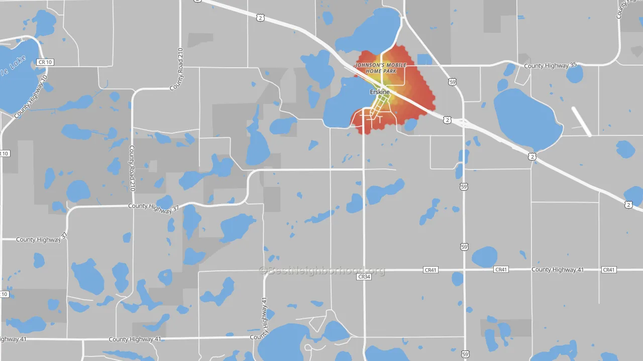 Walk Grade map of 56535, MN, walkable areas in green and car-dependent areas in red