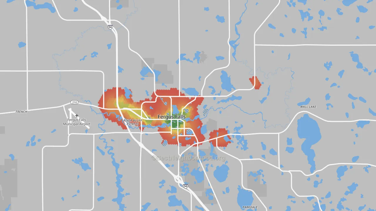Walk Grade map of 56537, MN, walkable areas in green and car-dependent areas in red