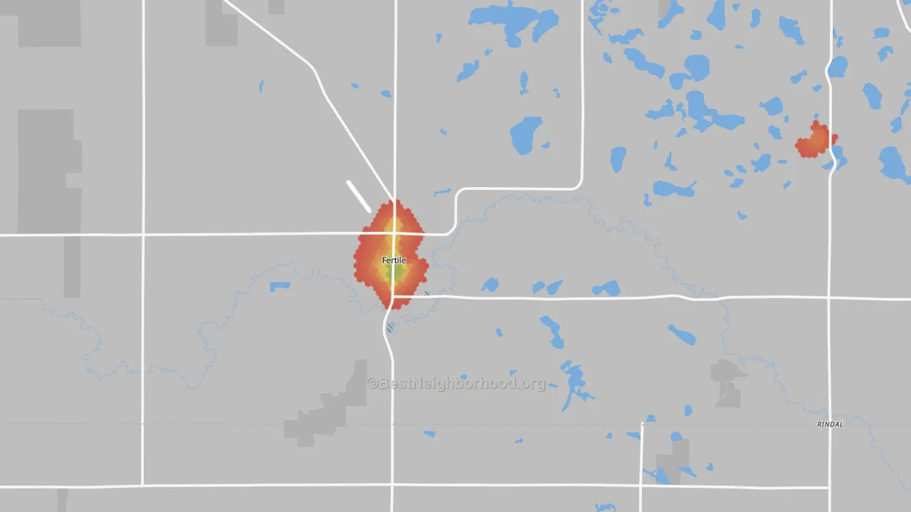 Walk Grade map of 56540, MN, walkable areas in green and car-dependent areas in red