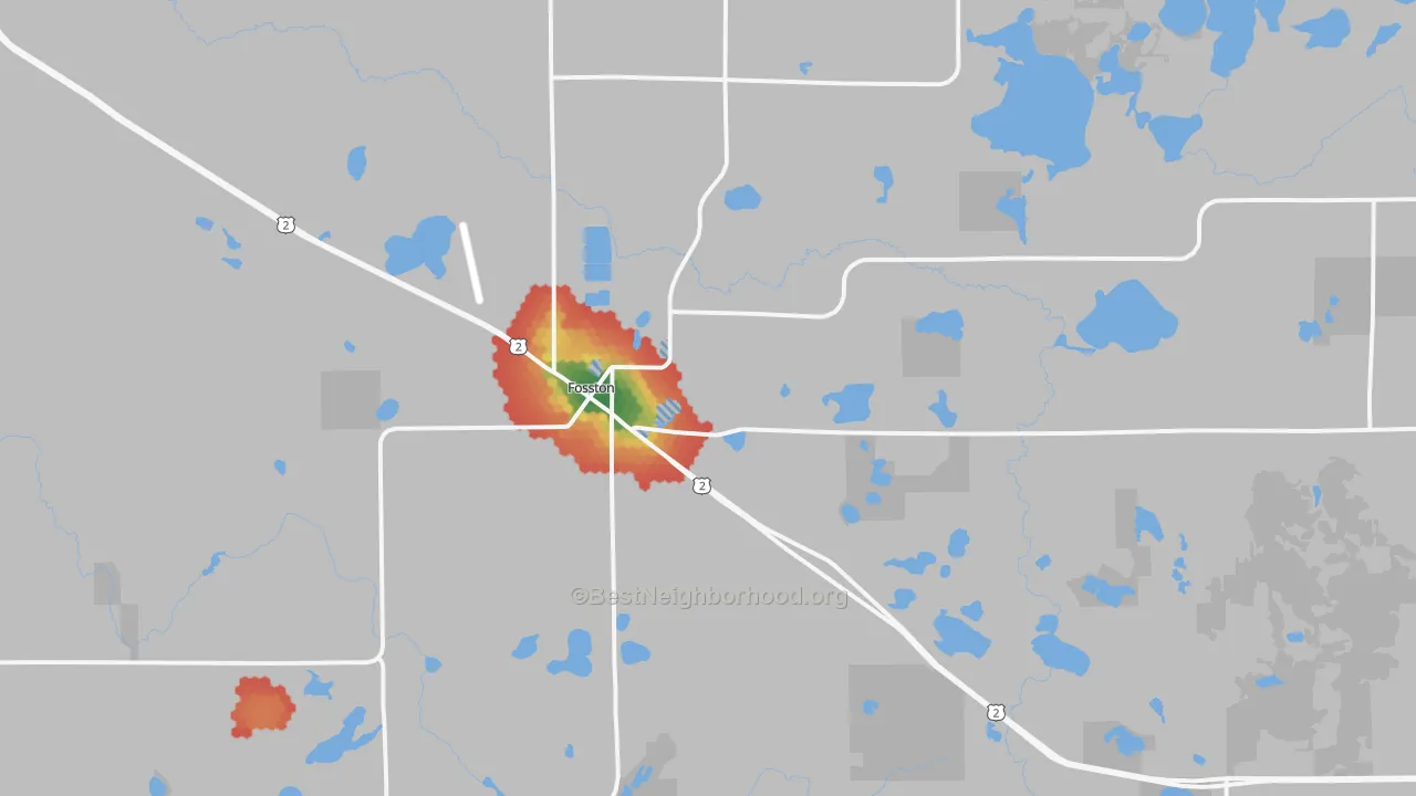 Walk Grade map of 56542, MN, walkable areas in green and car-dependent areas in red