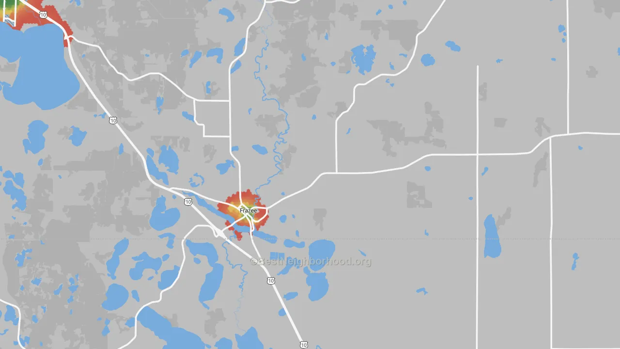 Walk Grade map of 56544, MN, walkable areas in green and car-dependent areas in red