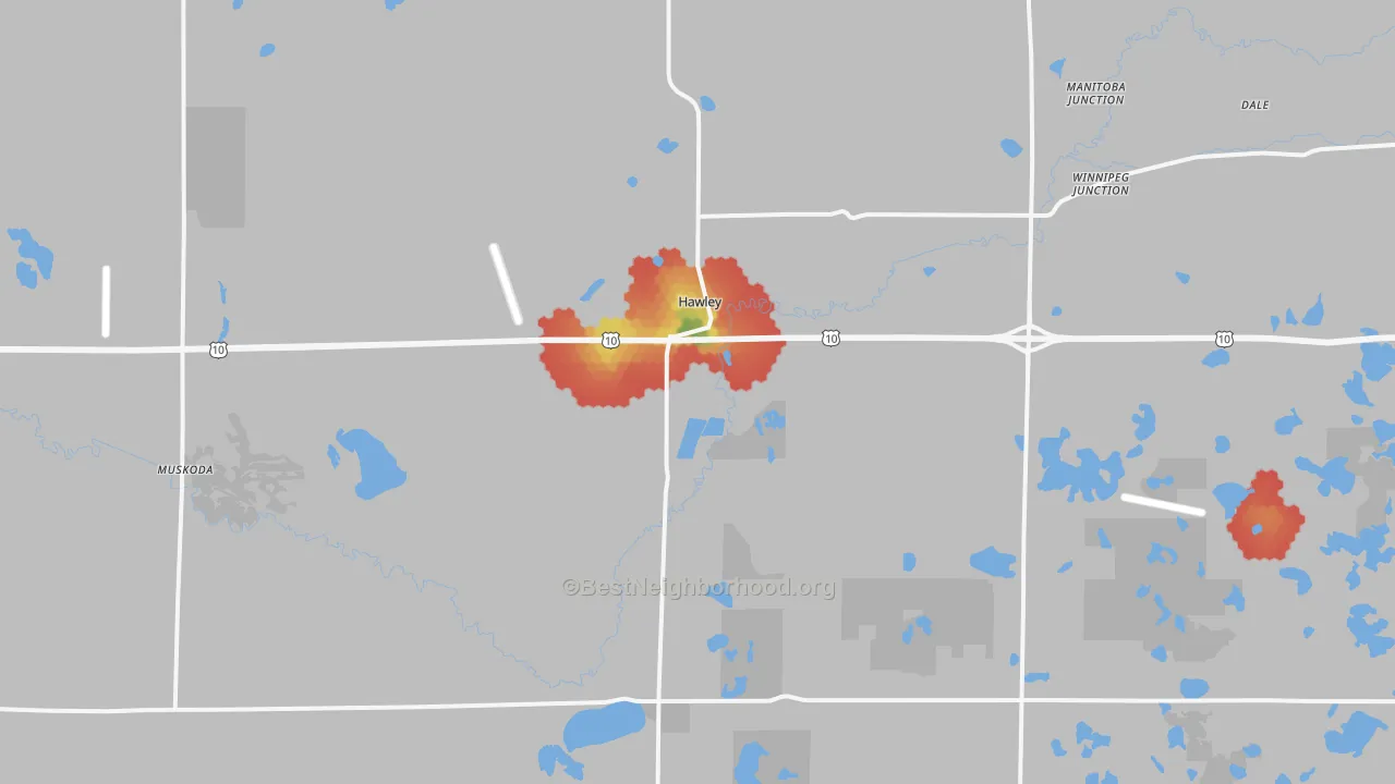 Walk Grade map of 56549, MN, walkable areas in green and car-dependent areas in red