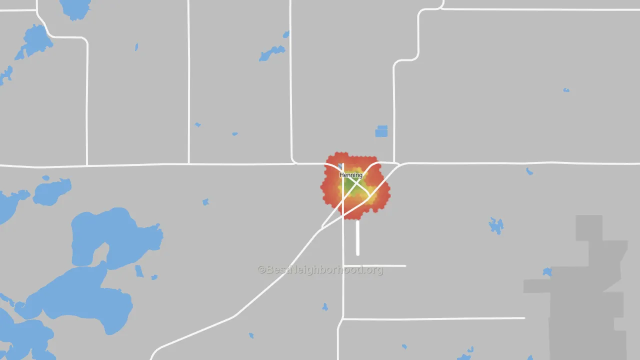 Walk Grade map of 56551, MN, walkable areas in green and car-dependent areas in red