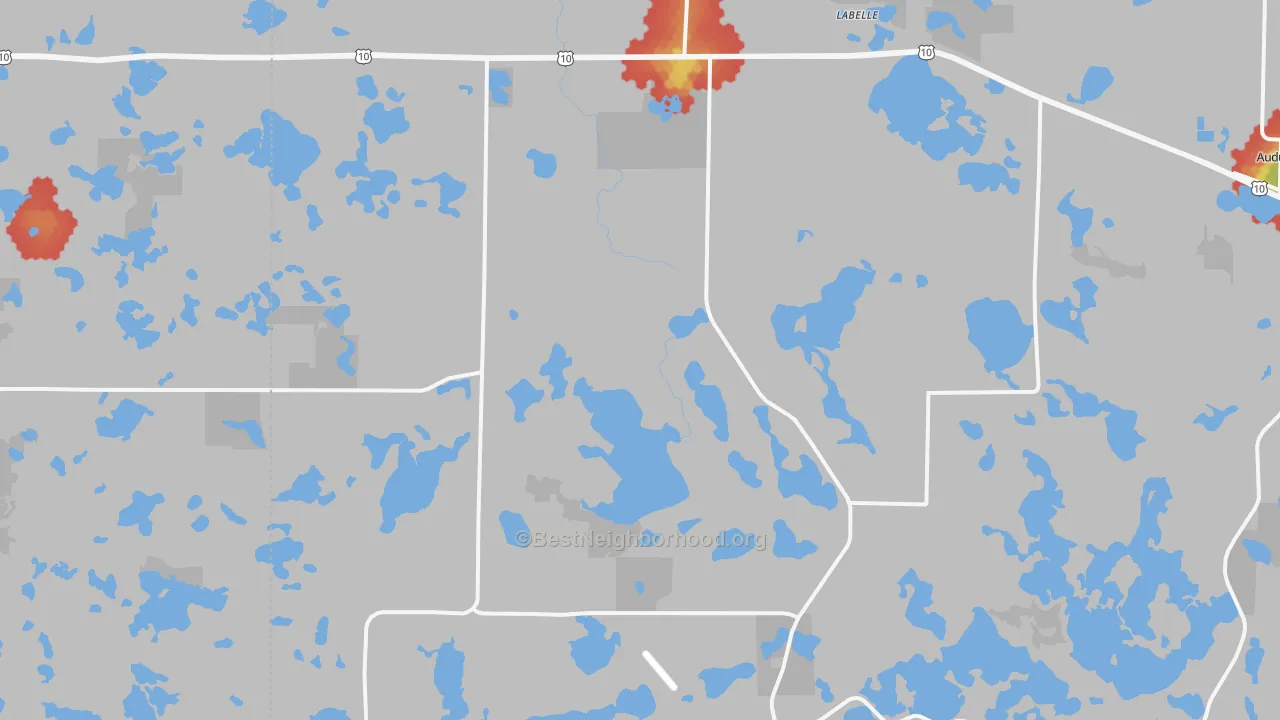 Walk Grade map of 56554, MN, walkable areas in green and car-dependent areas in red