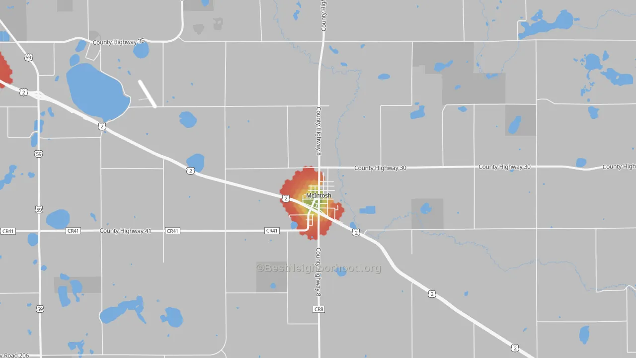 Walk Grade map of 56556, MN, walkable areas in green and car-dependent areas in red