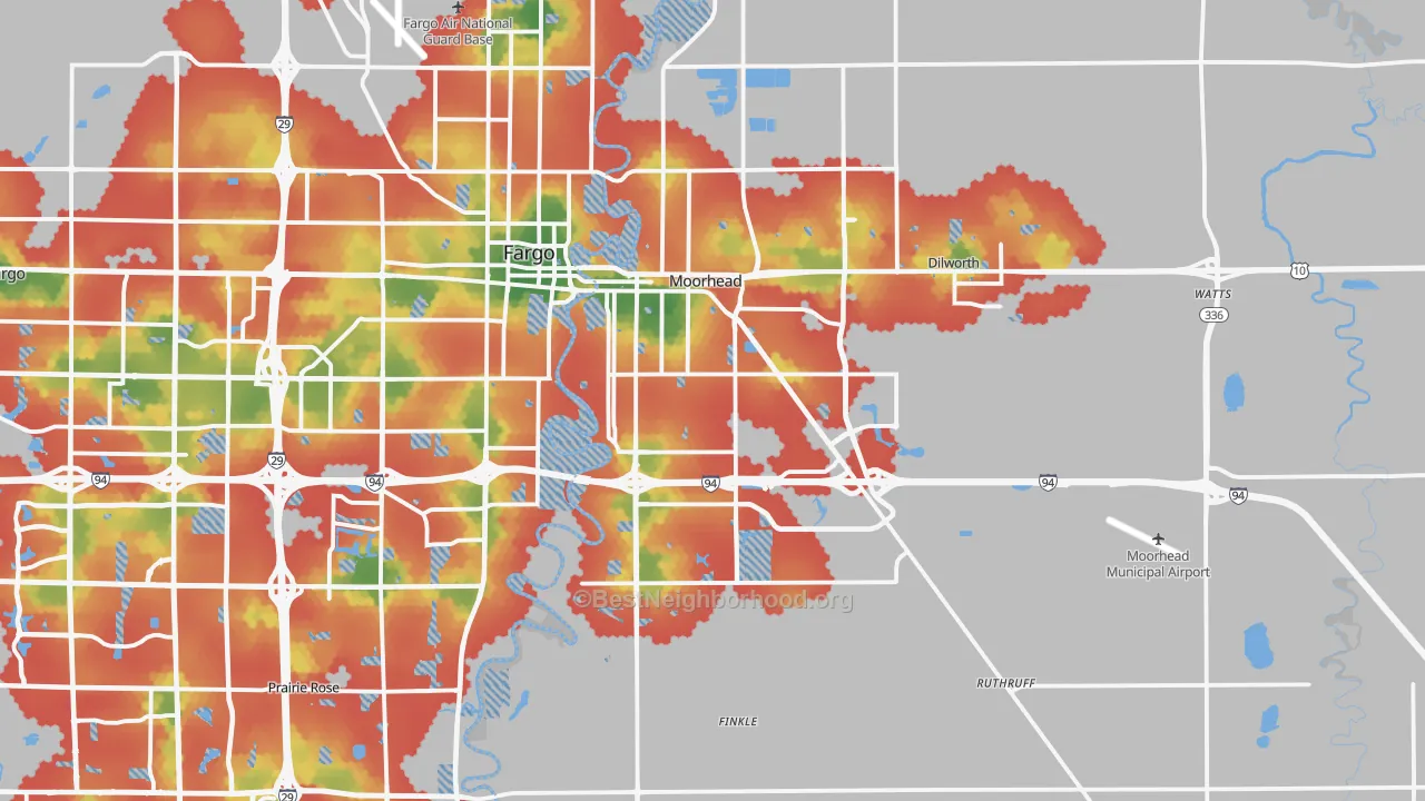 Walk Grade map of 56560, MN, walkable areas in green and car-dependent areas in red