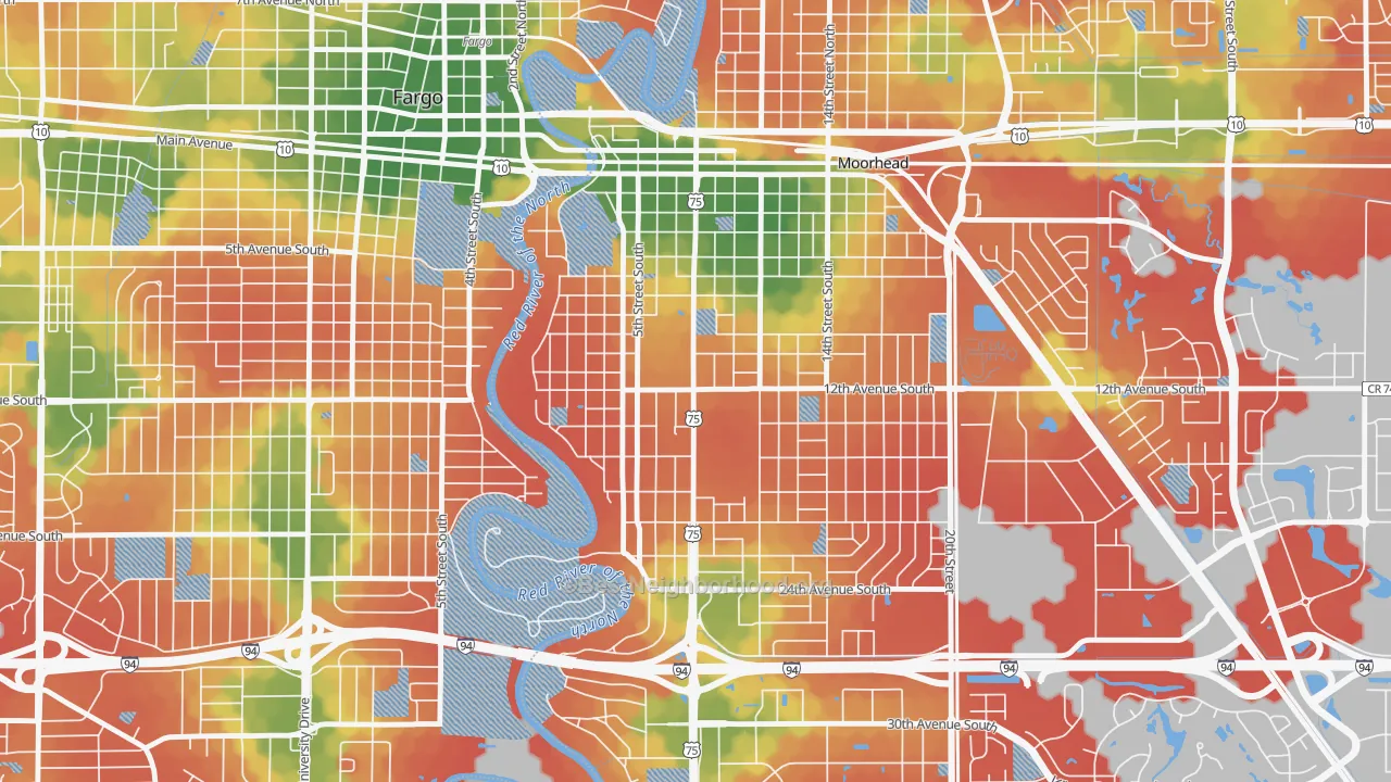 Walk Grade map of 56562, MN, walkable areas in green and car-dependent areas in red