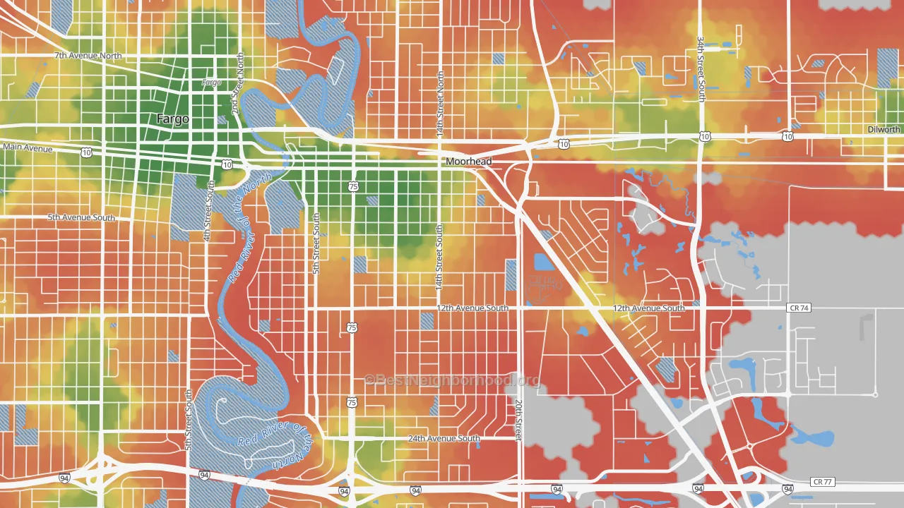 Walk Grade map of 56563, MN, walkable areas in green and car-dependent areas in red