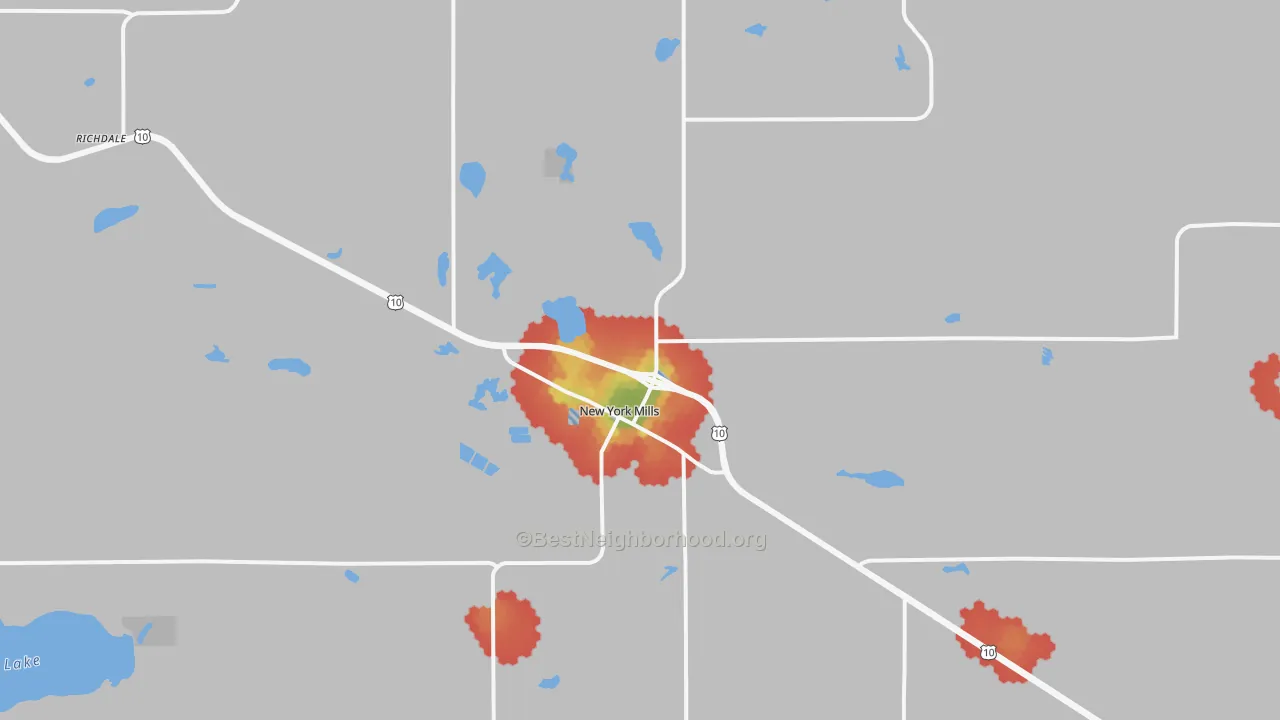 Walk Grade map of 56567, MN, walkable areas in green and car-dependent areas in red