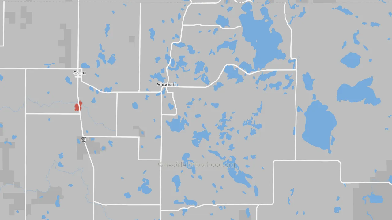 Walk Grade map of 56569, MN, walkable areas in green and car-dependent areas in red