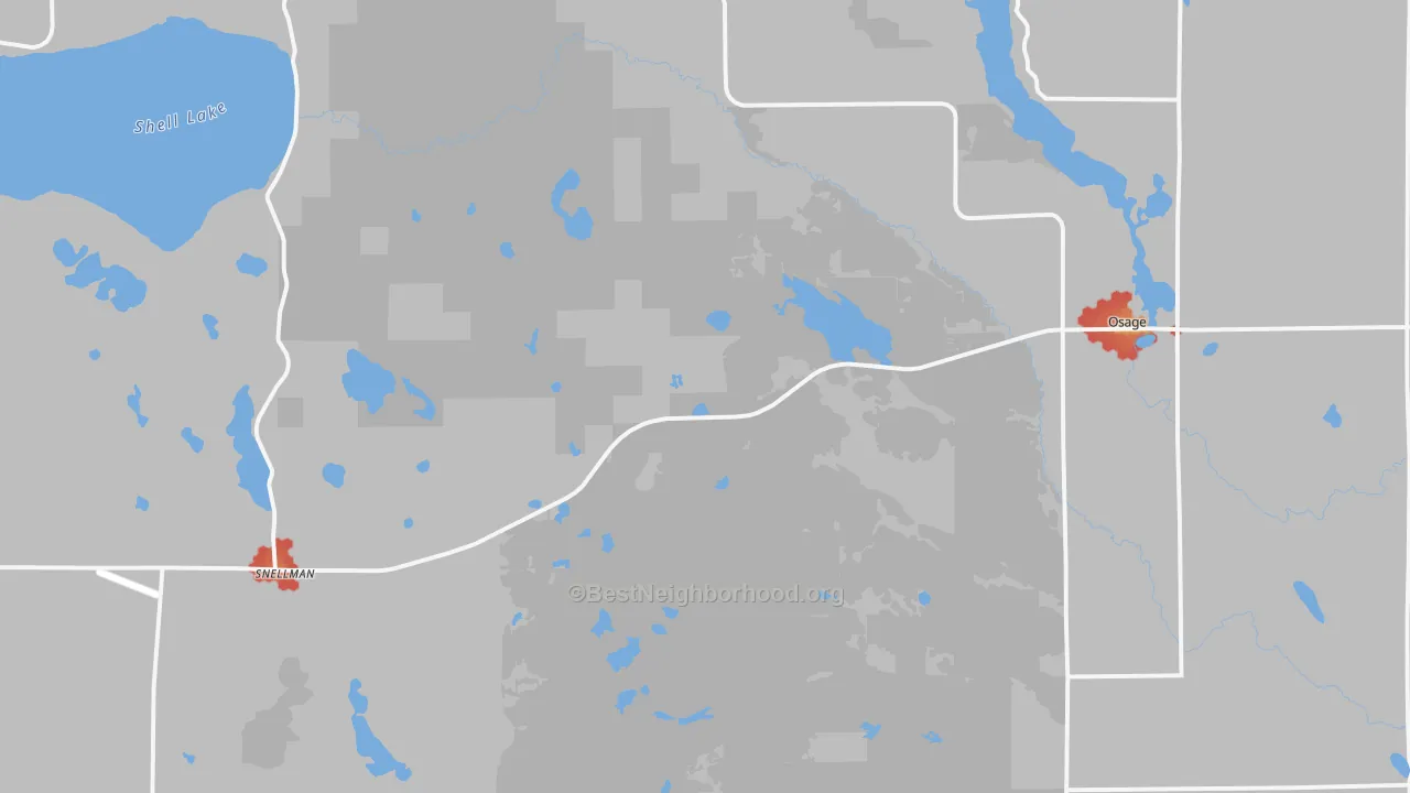 Walk Grade map of 56570, MN, walkable areas in green and car-dependent areas in red