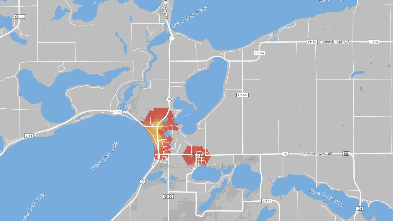 Walk Grade map of 56571, MN, walkable areas in green and car-dependent areas in red