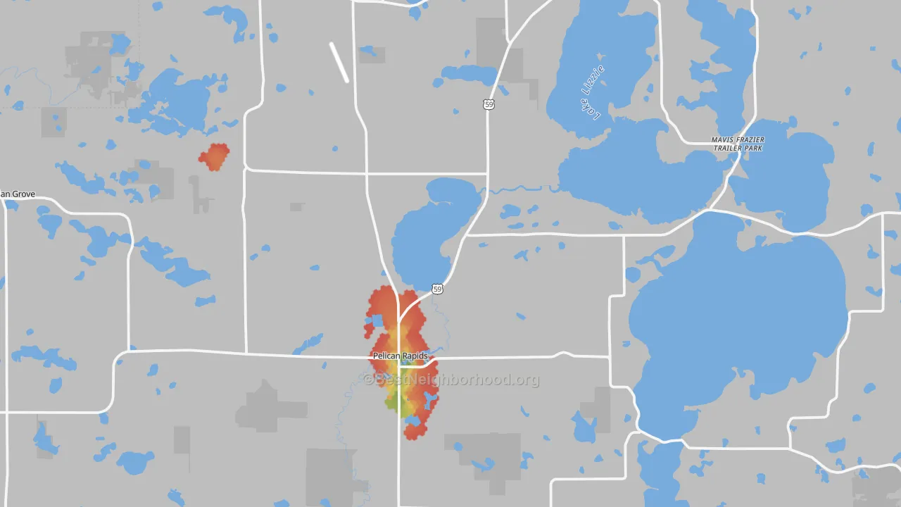 Walk Grade map of 56572, MN, walkable areas in green and car-dependent areas in red