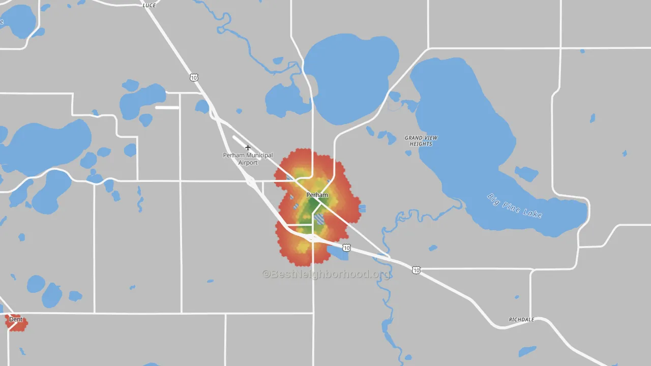 Walk Grade map of 56573, MN, walkable areas in green and car-dependent areas in red