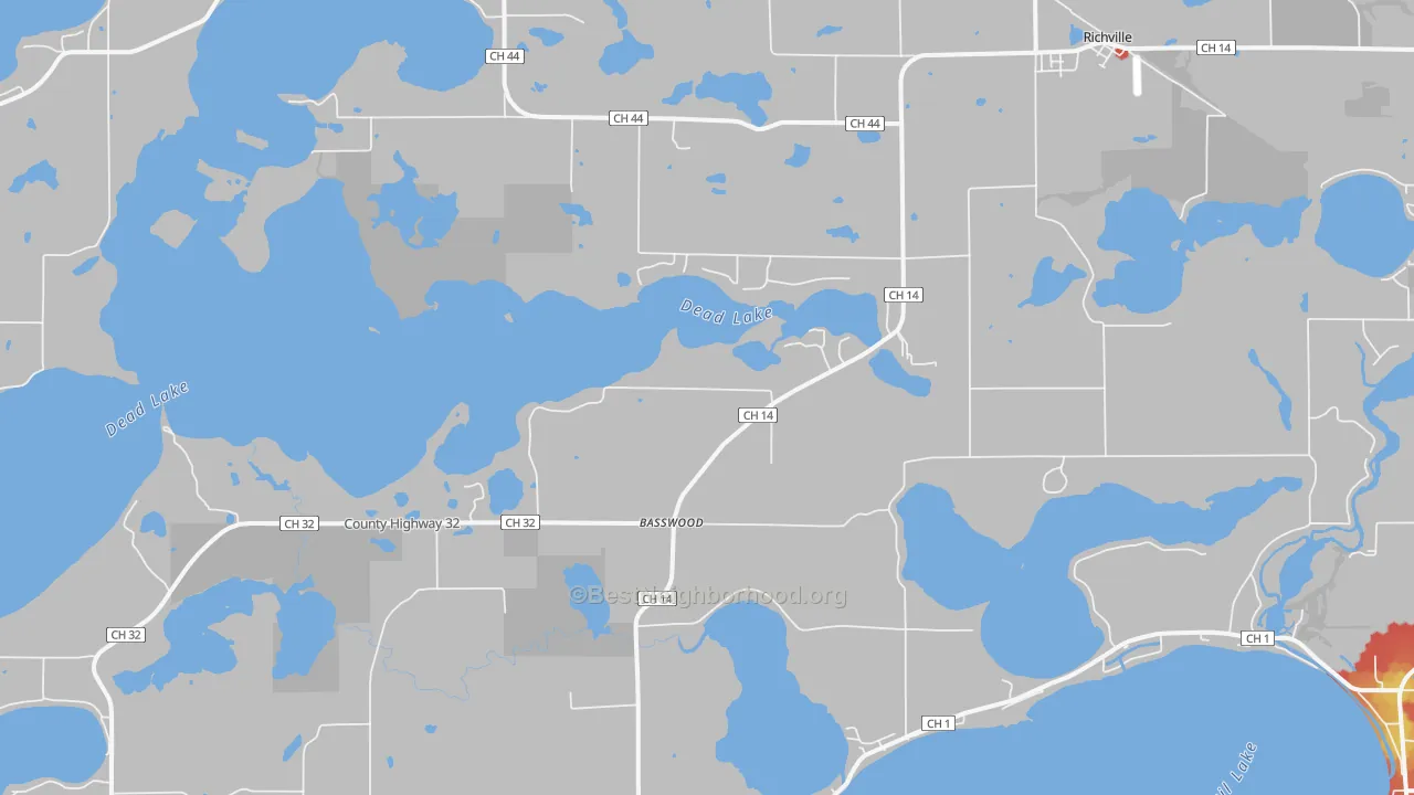 Walk Grade map of 56576, MN, walkable areas in green and car-dependent areas in red