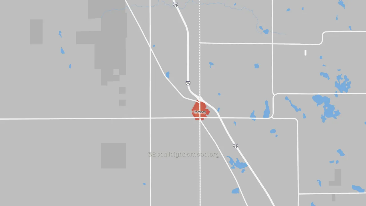 Walk Grade map of 56579, MN, walkable areas in green and car-dependent areas in red