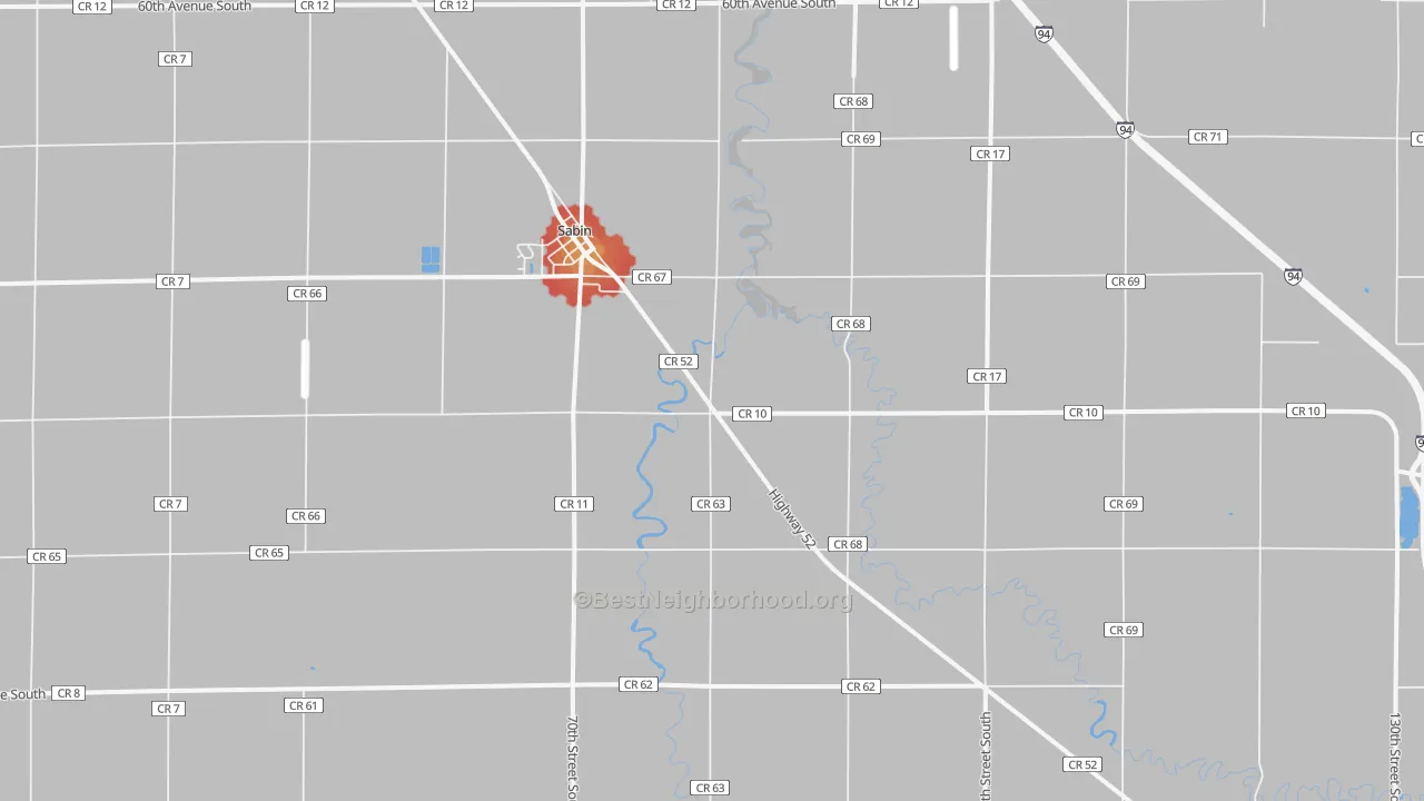 Walk Grade map of 56580, MN, walkable areas in green and car-dependent areas in red