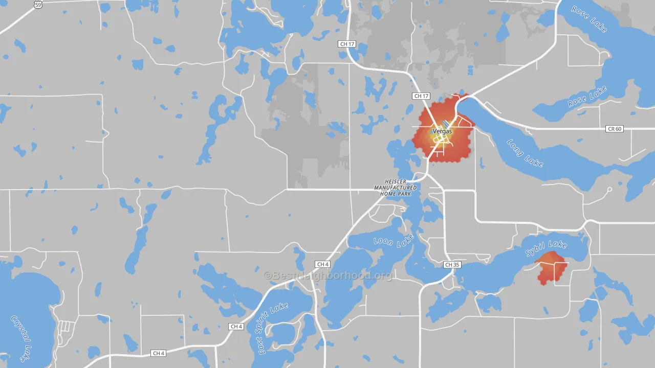 Walk Grade map of 56587, MN, walkable areas in green and car-dependent areas in red