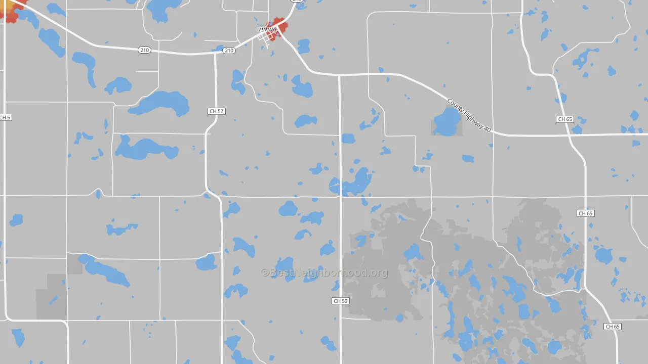 Walk Grade map of 56588, MN, walkable areas in green and car-dependent areas in red