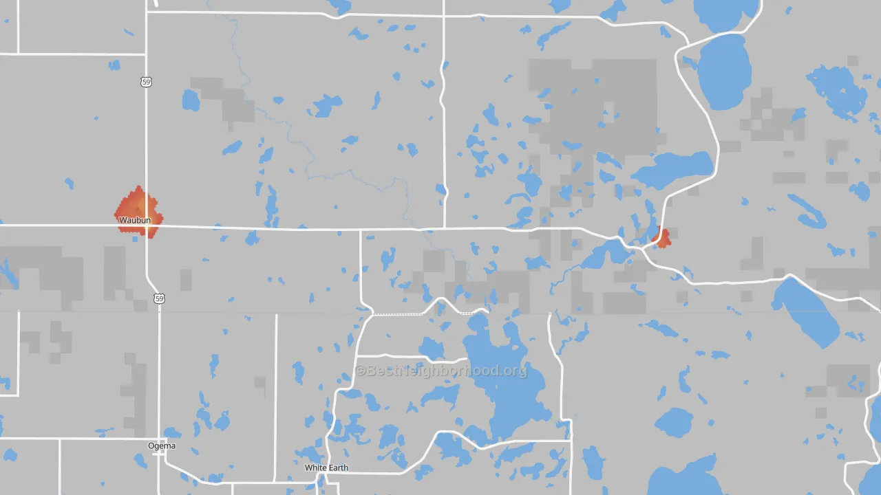 Walk Grade map of 56589, MN, walkable areas in green and car-dependent areas in red