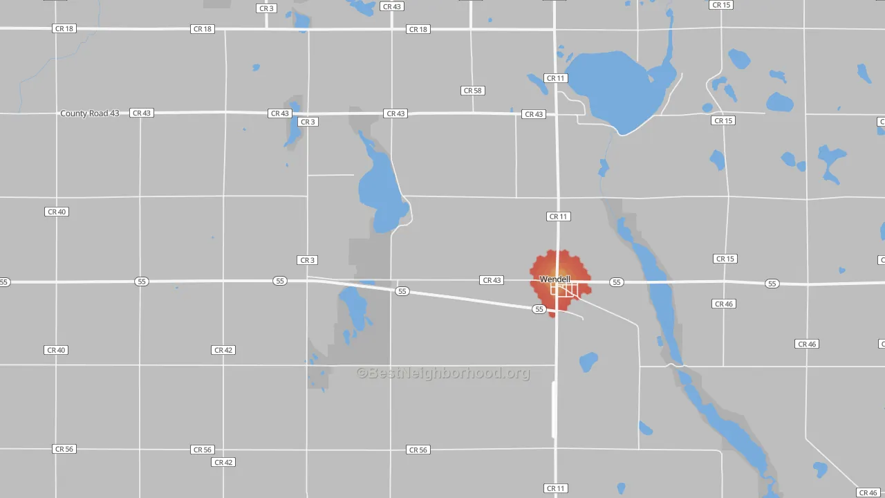 Walk Grade map of 56590, MN, walkable areas in green and car-dependent areas in red