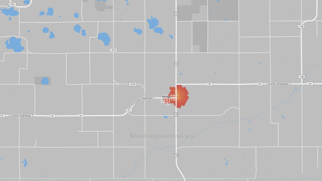 Walk Grade map of 56592, MN, walkable areas in green and car-dependent areas in red